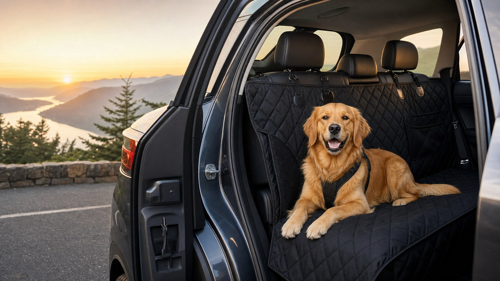 Golden retriever resting on a premium dog car hammock during a U.S. road trip