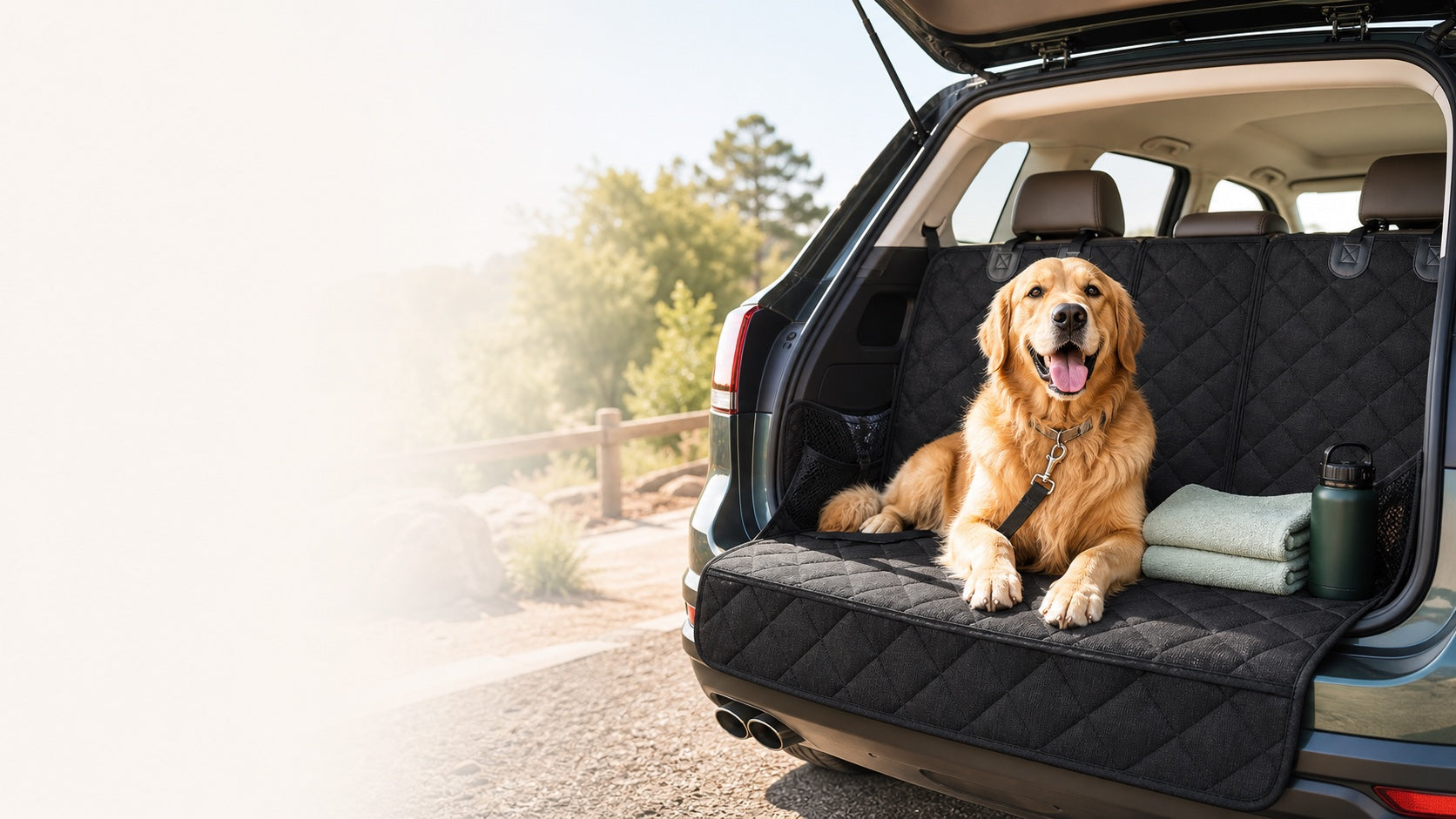Golden retriever in a bright SUV cargo area with PawMiles dog travel gear